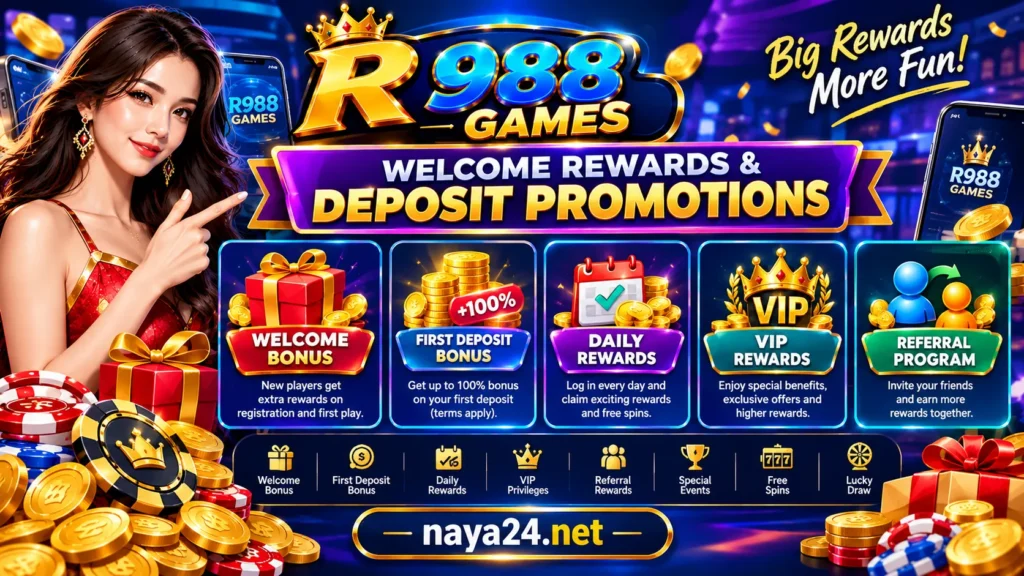 R988 Game welcome rewards and deposit promotions featuring first deposit bonuses, daily rewards, VIP benefits, and referral offers for Pakistani users.