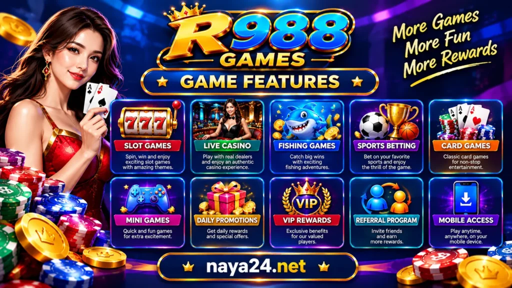 R988 Game Vip features including VIP rewards, Tournament activities, Super Rakeback, Bonus Store, and promotional activities.