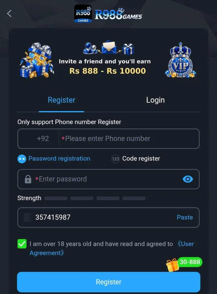 R988 Game registration page for creating a new gaming account.