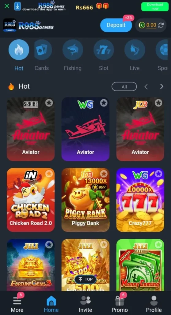 Game Interface Image: R988 Game mobile interface with casino categories and gaming options.