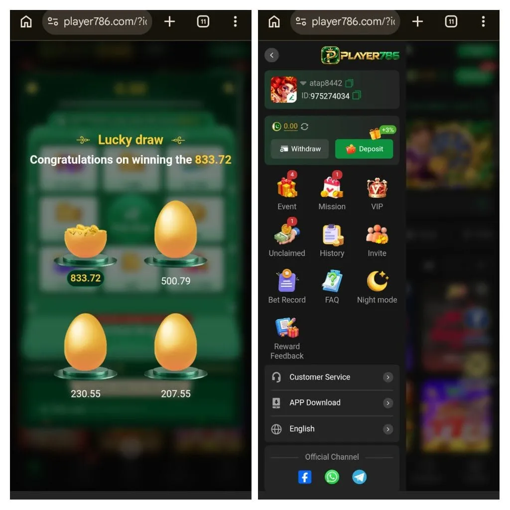 Player786 game Promotions and Reward Center image